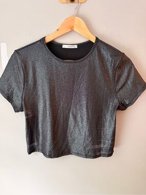 Black Shimmer Ribbed Crop Tee & Pant Set